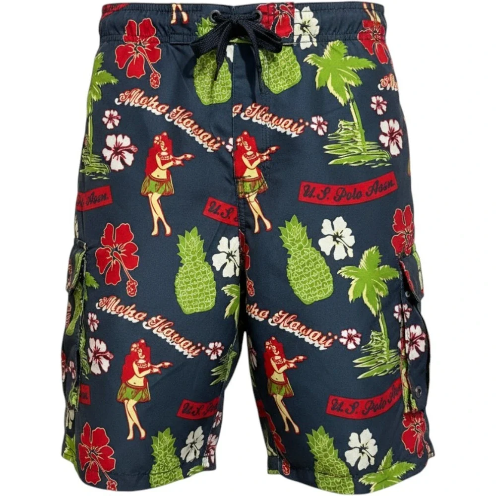 US Polo Assn Mens Aloha Hawaii Swim Trunks Navy Tropical Cargo Shorts 4124 P6